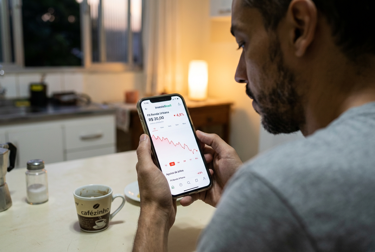 Paulo Denis observando no celular uma queda moderada de 4,8% em um fundo imobiliário